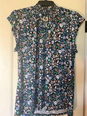 Anne Klein Navy Floral Smocked Neck Blouse with Green and Tan Accents